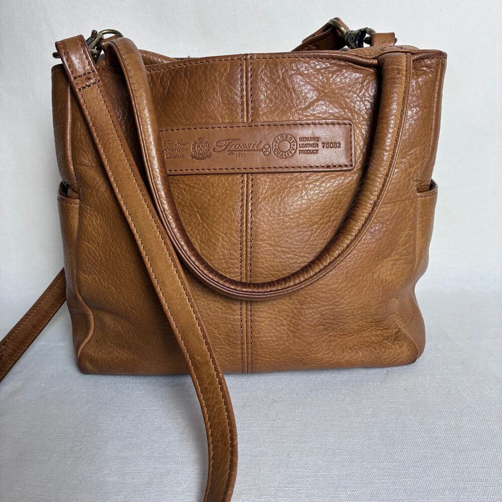 Vtg Fossil 75082 Brown Leather Crossbody Bag Dark Academia Boho Utility Satchel